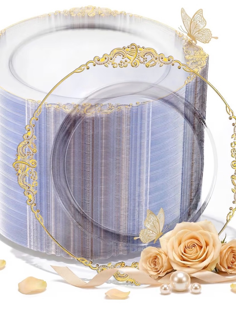 Clear Disposable Plastic Plates with Gold Filigree Rim - Champagne Accent